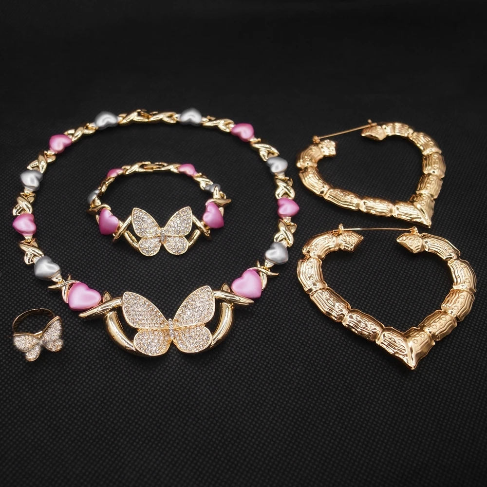 Luxury Dubai Jewellery Big Heart Earrings Rings Bracelets Necklaces Jewelry Accessories 18k Gold Plated Womens Party Set Gifts