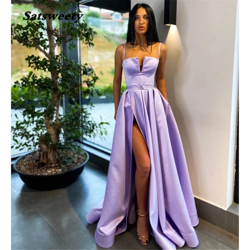 Lilac A Line Prom Evening Dresses Side Slit Formal Party Gowns вечерние платья Satin suknie wieczorowe Floor Length