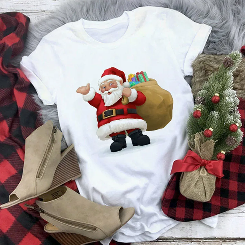 

New Santa Claus Print Tshirt Women Merry Christmas Reindeer White T-shirt Harajuku Short Sleeve Women Tee Suitable All Seasons