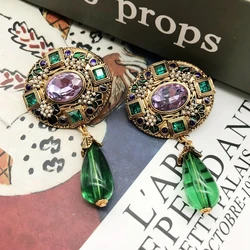 Ethnic Stud Earrings Exaggerate Statement Green Teardrop Pendant Piercing Jewelry Vintage Accessories