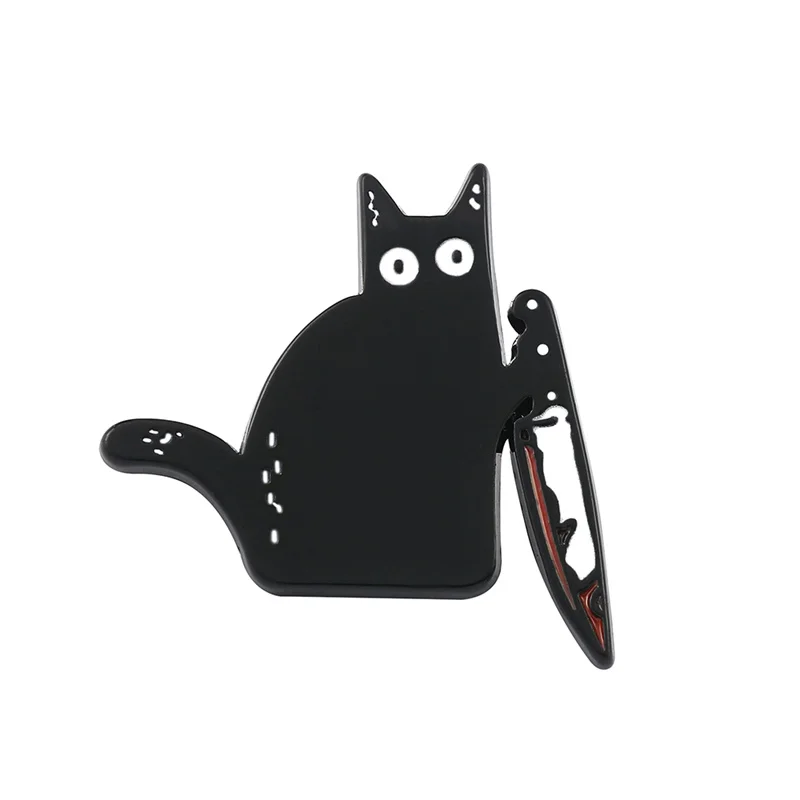 Bloody Knife Killer Black Cat Enamel Pin Punk Gothic Animal Brooch Accessories Spooky Dark Art Metal Badge New Year Jewelry