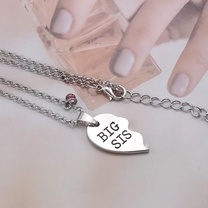 2 قطعة قلادة كبيرة SIS LIL SIS للنساء كريستال كورلور لغز القلب شقيقة القلائد المعلقات مجوهرات الأسرة الأخوات هدايا #3