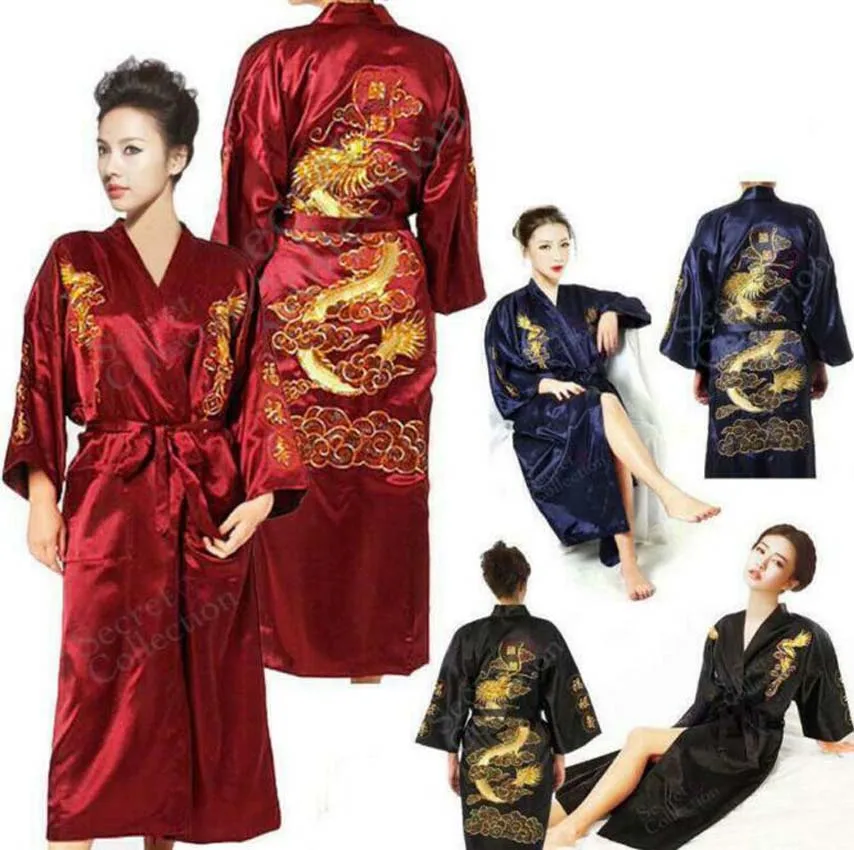 Wholesale Hot Sale New Chinese Men's Women's Satin Silk Robe Embroidery Kimono Bath Gown Dragon Size M L XL XXL XXXL