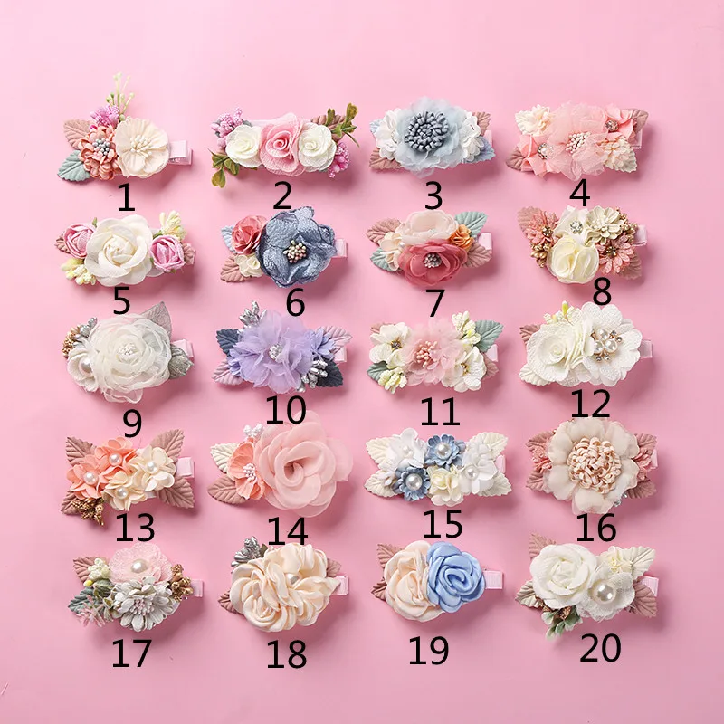 20pc/lot Chiffon Flower Hair Clips Pins Kids Pearl Lace Flowers Hairpins Barrettes for Baby Girls Clip Accessories Toddlers Kids