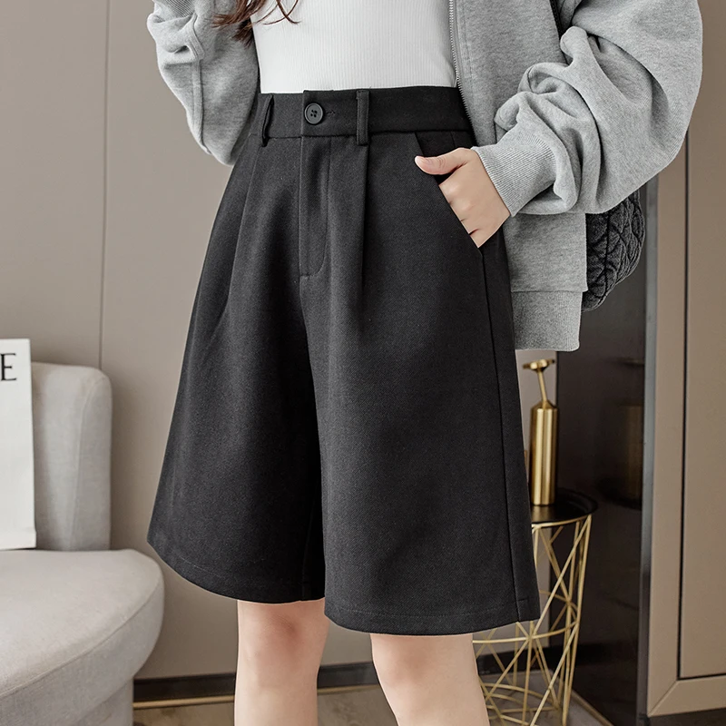 Coffee High Waist Wool Wide Leg Shorts Women 2023 Winter Knee Length Loose Woollen Capris Short Trousers Ladies Work Bermuda