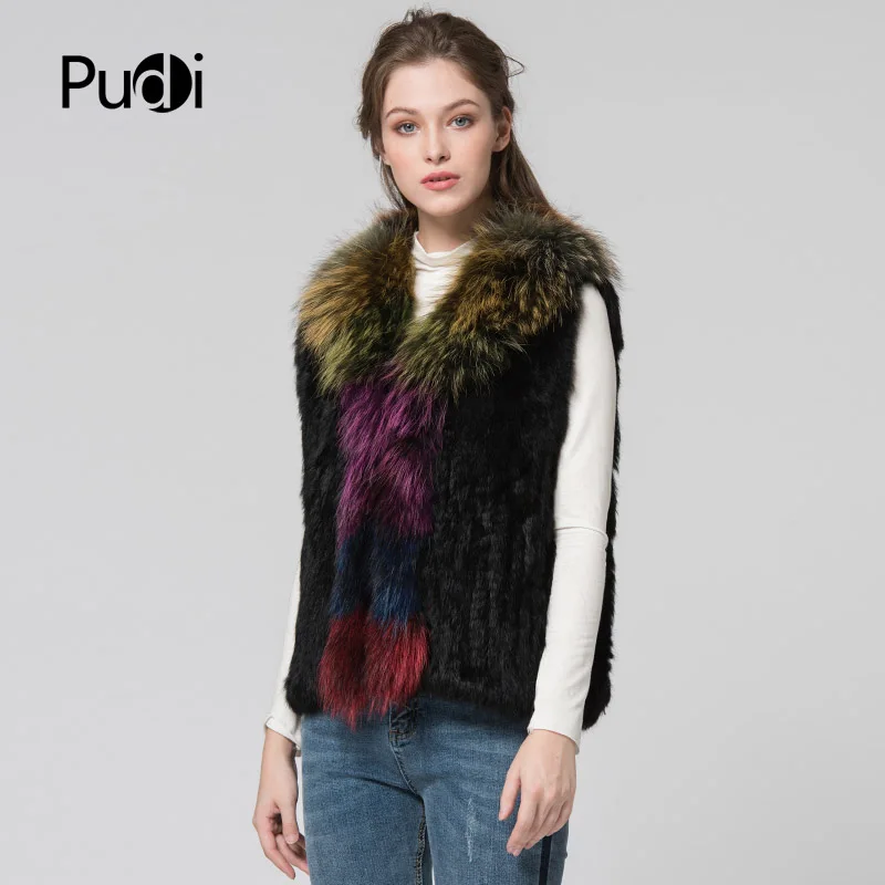 

VR063 New Real Classical Knitted Rabbit Fur Vest Gilet With Raccoon Fur Collar Women Multiple Collar