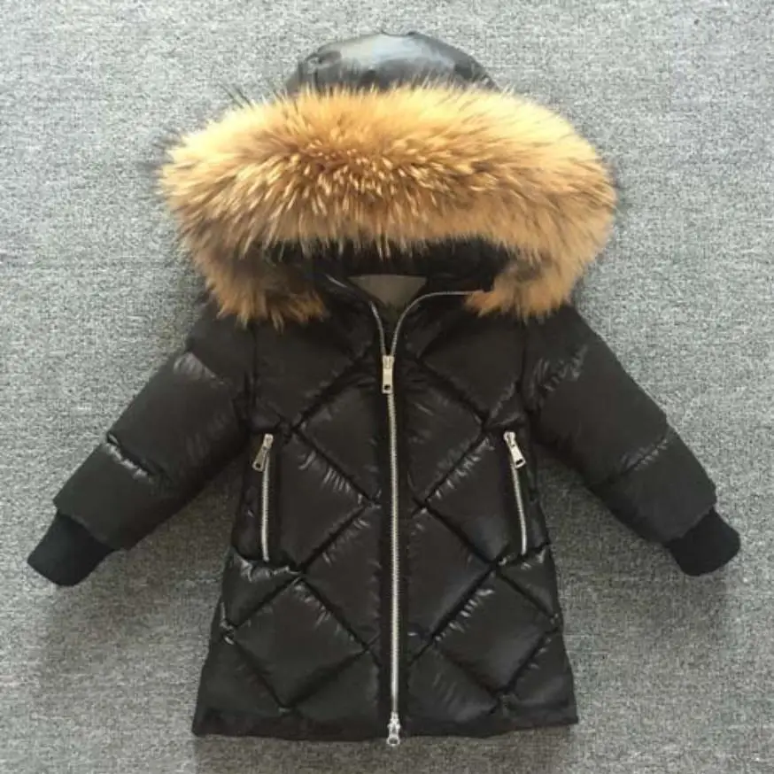 Winter checked coats real fur collar hooded long jackets girls and boys thicken padded parkas warm -30 degree children ws1027