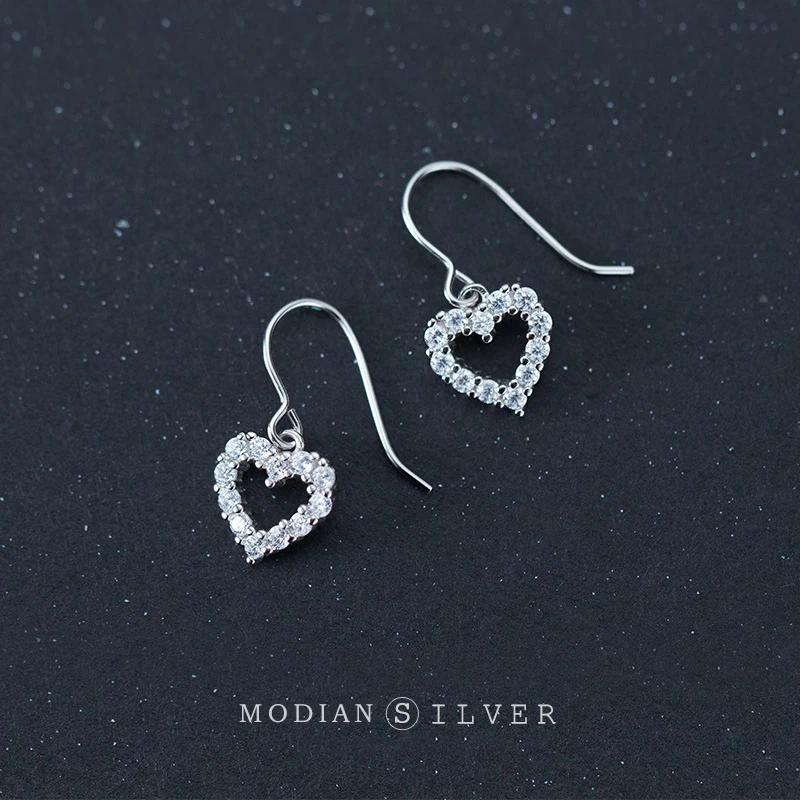 

Modian Clear CZ Luxury Hearts Dangle Earrings with Charm For Women Genuine 925 Sterling Silver Wedding Statement Jewelry