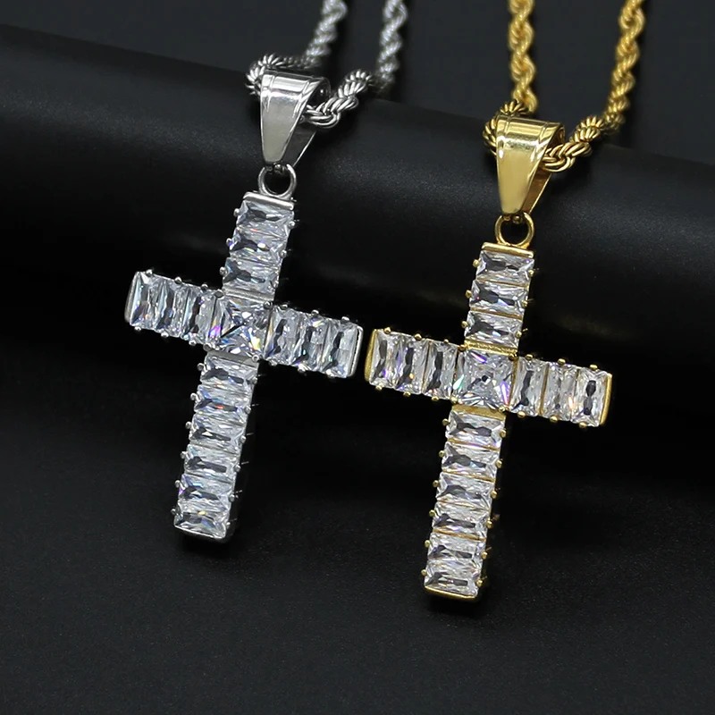 

Hip Hop Bling Iced Out CZ Stone Stainless Steel Cross Pendants Neckalce for Men Rapper Jewelry Drop Shipping