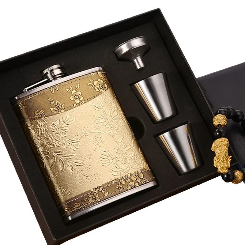 

8oz Whisky Bottle Flagon 18/8 Stainless Steel Alcohol Funnel Hip Flask Embroidered Golden Silk Textile Wrapping Gift Box Set