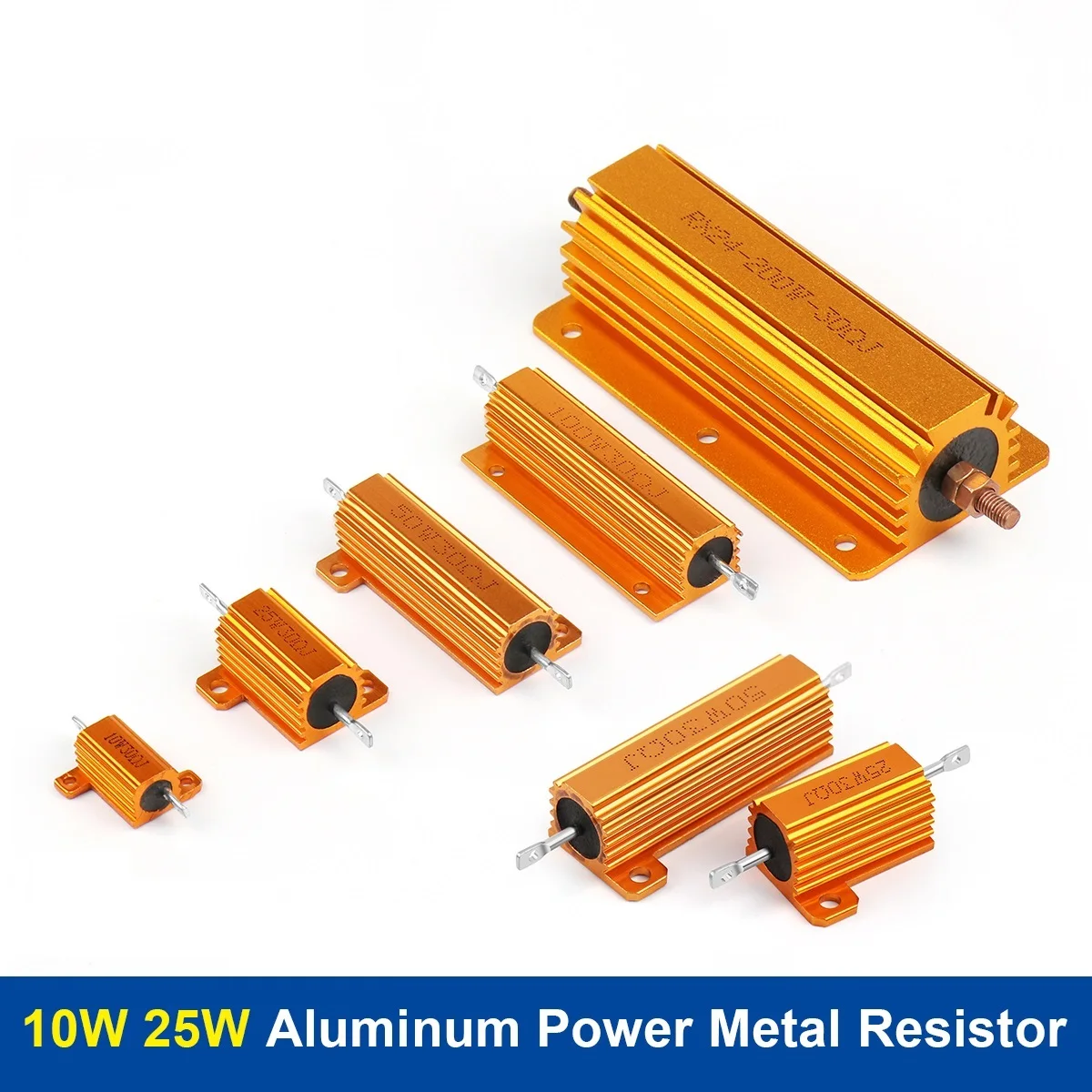 2Pcs 10W 25W Aluminum Power Metal Shell Wirewound Resistor RX24 0.1R~10K 1 2 3 5 6 8 10 20 100 150 ohm Gold Resistors