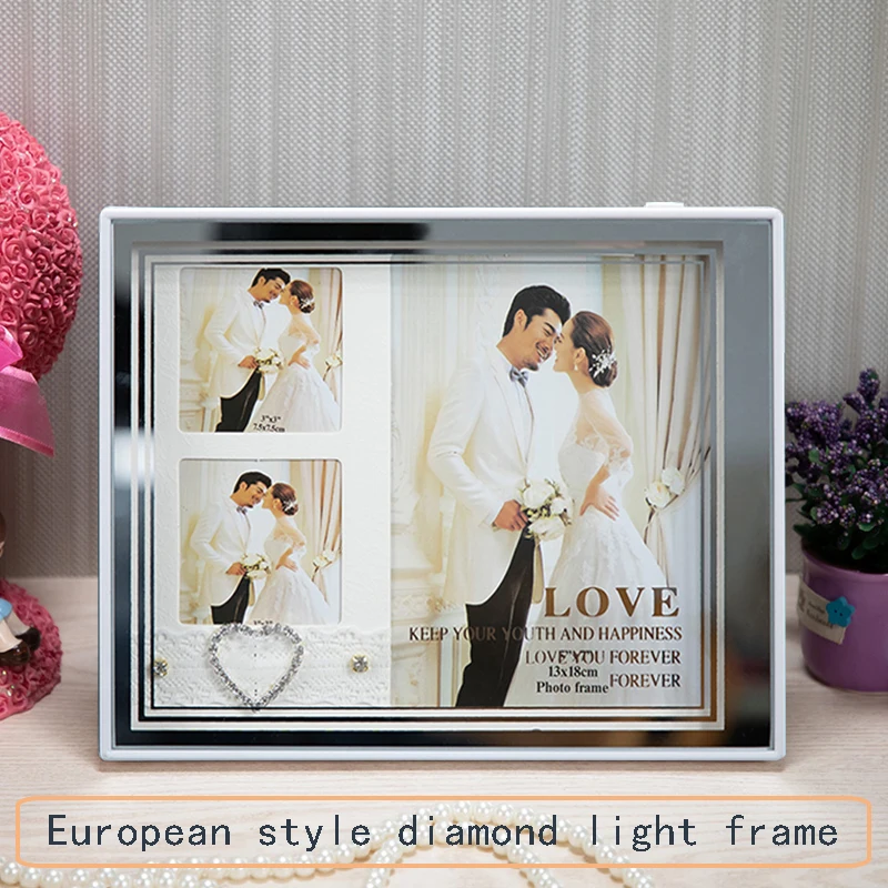 European style fashion photo frame white color photo frame with light LED USB, used for art decoration display frame