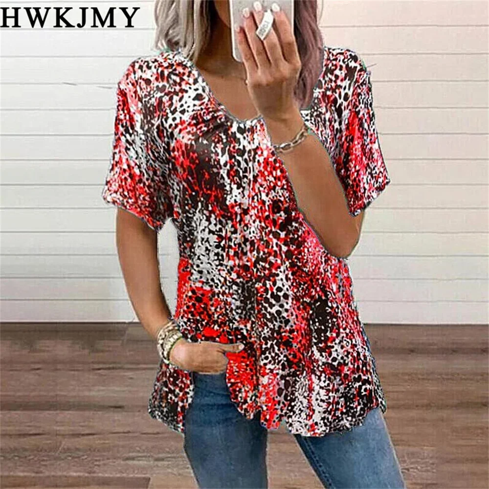 Summer Women\'s Clothing V-neck  Short Sleeve Tops Printed Tees Casual Loose T-shirt Ladies Zipper Tee XS -  8XL