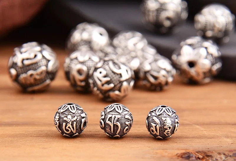 100% 925 Silver Tibetan Six Words Proverb Beads Sterling BuddhisOM Mantra Beads Real Silver Tibetan Beads Mala's Markers