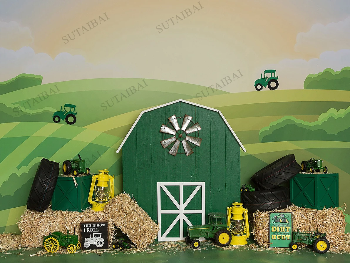 Green Tractor Farm Theme Photography Backdrop Boy 1st Birthday Background Farm Balloon Bunting Party Decoration Banner