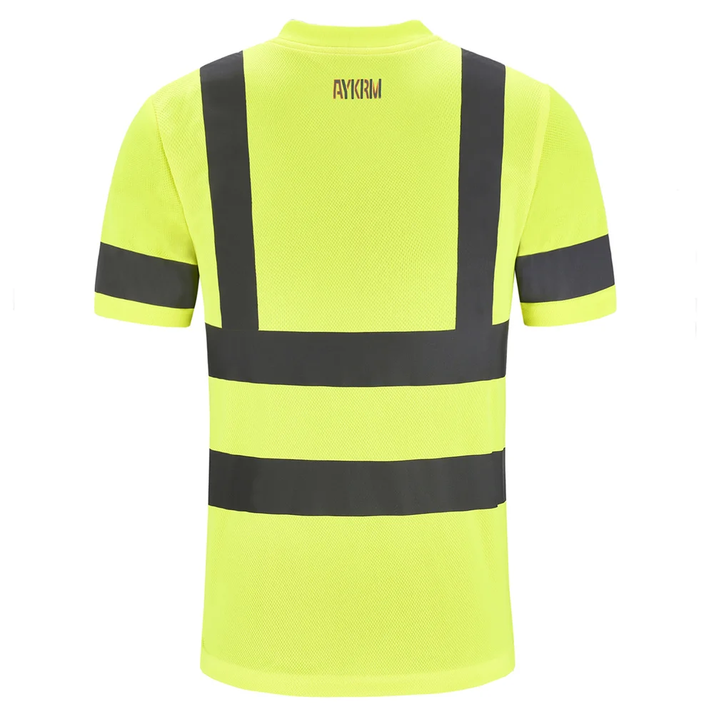 Aykrm oi vis t-camisa reflexiva segurança v pescoço secagem rápida ajuste workwear colete fluorescente amarelo trabalho topos engenheiro de