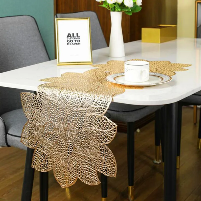 PVC Bauhinia Washable Placemats Thick Heat Insulation Non-slip Table Runner Hollowed Gold Silver Coaster Table Mats