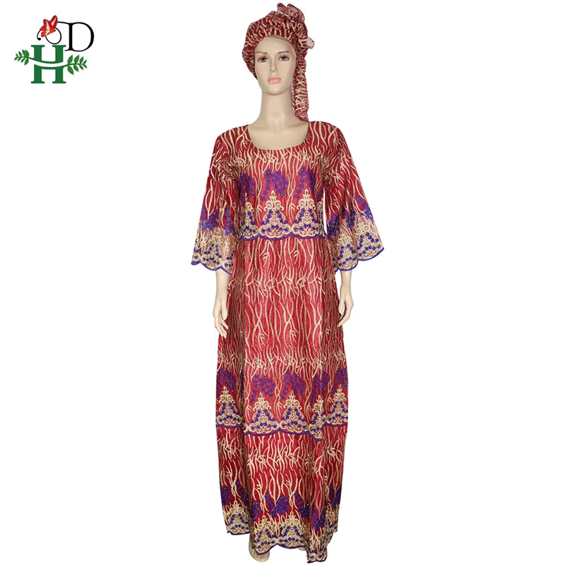 H & D-vestidos africanos para mujer, vestido de encaje bordado con envolturas para la cabeza, ropa de mujer de Sudáfrica, vestidos largos Bazin Riche Dashiki