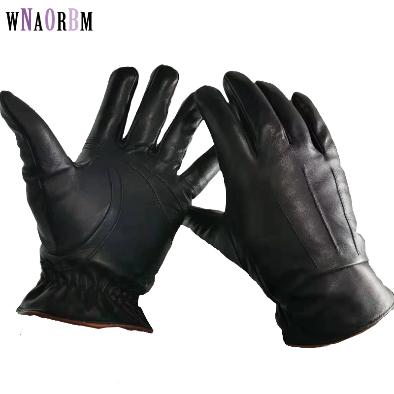 Men's Genuine Leather Gloves Real Sheepskin Black Touch Screen Gloves Fashion Brand Winter Warm Mittens New