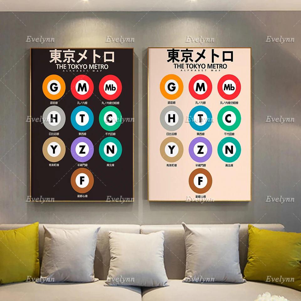 Tokyo Subway Map,Metro Alphabet Poster,Japan Underground Print,Japanese City Wall Art Living Room Decoration Home Decor Canvas