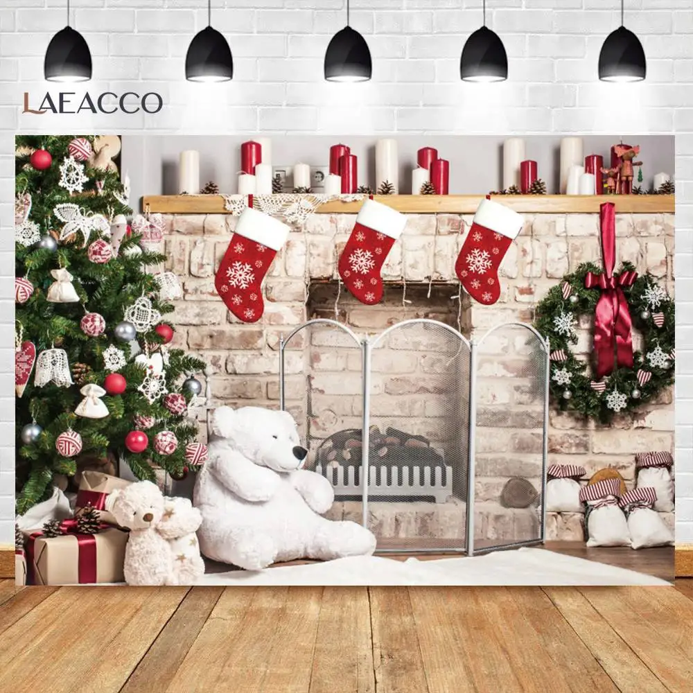 Christmas Tree Backgrounds Candle Socks Brick Fireplace Teddy Bear Interior Backgrounds Photography Backdrop For Photo Studio