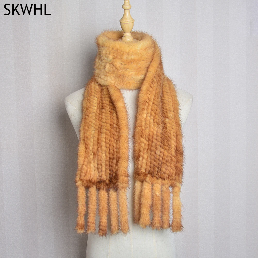 New Luxury Women Muffler 100% Real Mink Fur Scarf With Tassel Hand Knitted Natural Mink Scarves Neck Warmer Poncho Wholesale