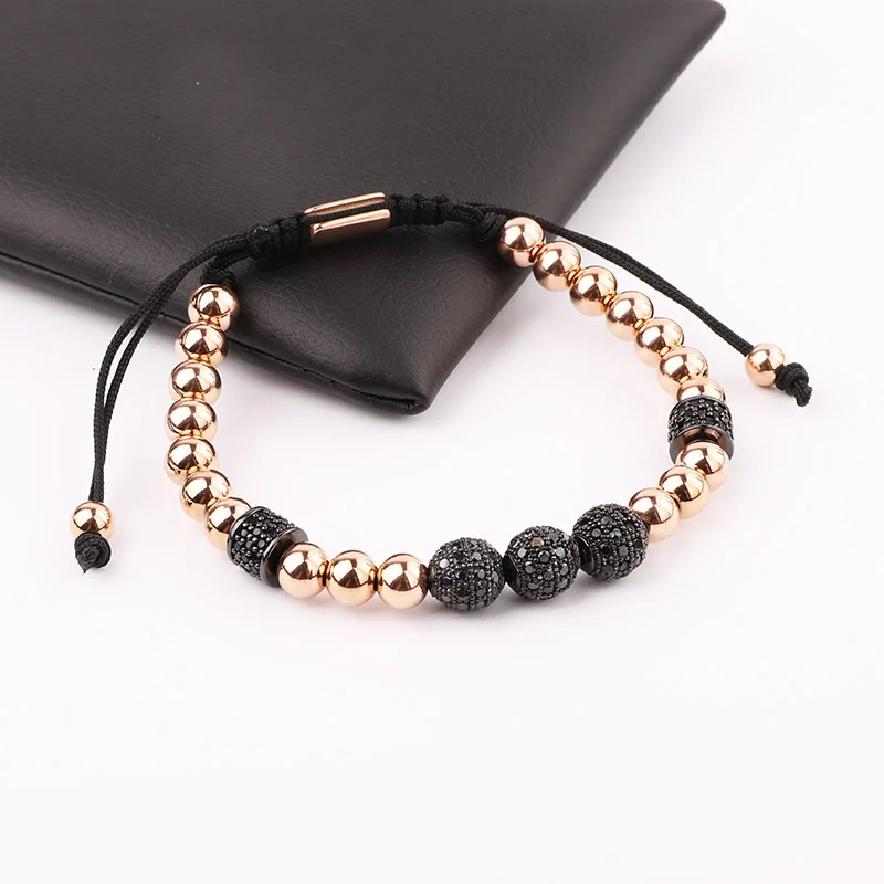 

New Design Jewelry Gold Plated Stainless Steel Beaded CZ Pave Ball Charm Macrame Adjustable Bracelet Men