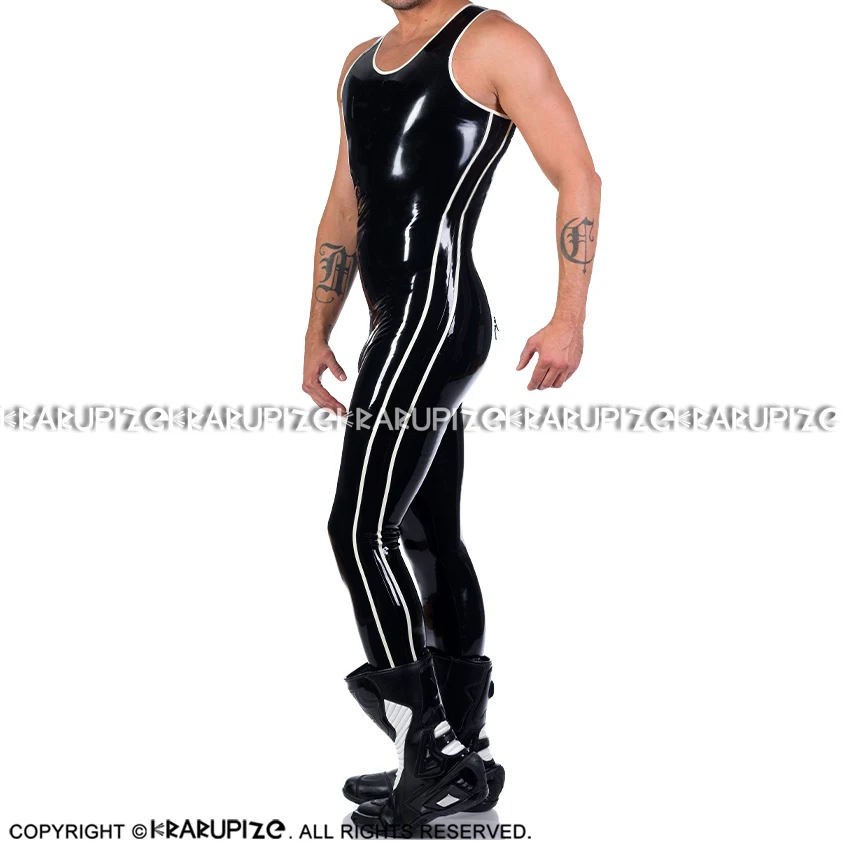 Black And White Trims At Two Sides Sleeveless Sexy Latex Catsuit Crotch Zips Rubber Bodysuit Zentai Overall Body Suit LTY-0276