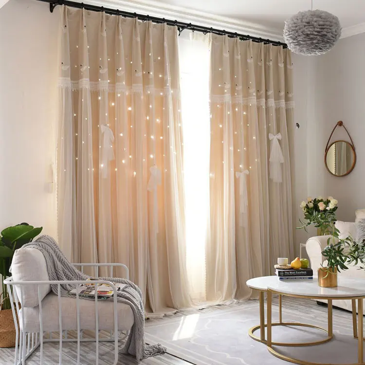 New Design Embroidered Double Layer Blackout Star Hollow Curtains with Lace Tulle Fabric for Home Living Room Window Decor