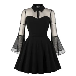 Women Sexy Mesh Dress Summer dress Lace Long Sleeve Mini Dresses Female Lace Beach Sundress Gothic