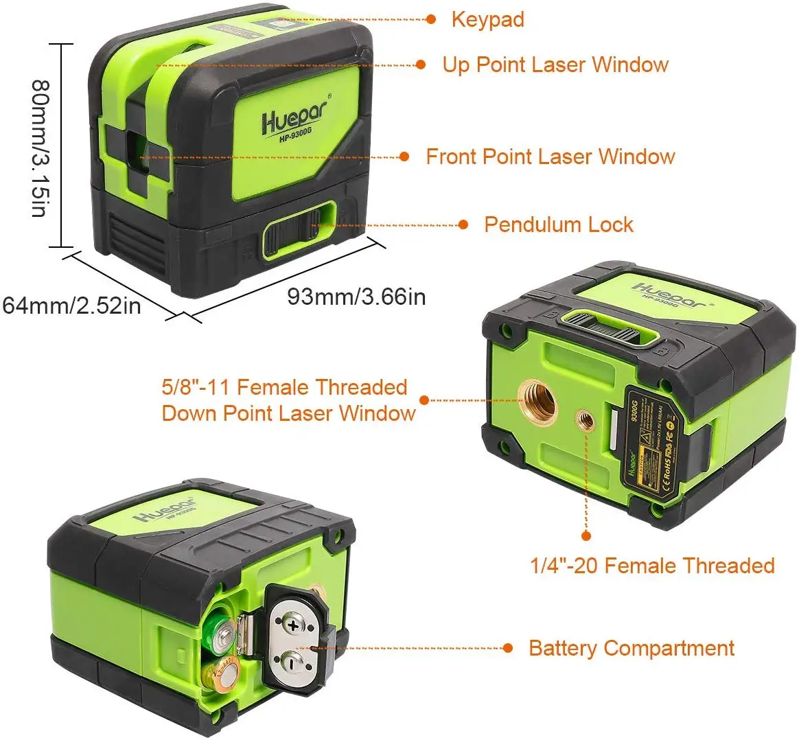 Huepar 9300G 3 Point Laser Self leveling Green Beam Laser Level with Plumb Spots for Soldering and Points Reference Positioning