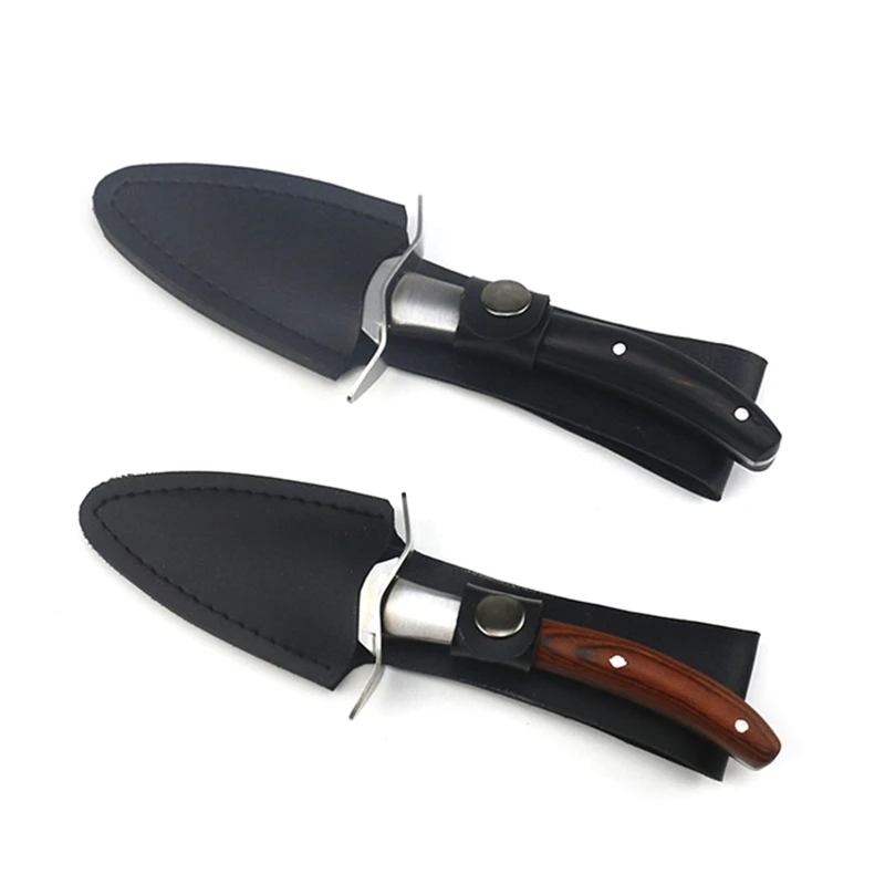 Wood Handle Oyster Knives Opener muszelki ze stali nierdzewnej Shell shacking Cutter ze skórzanym etui na narzędzia do otwierania owoców morza