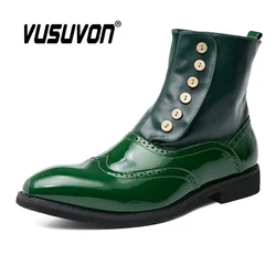 38-46 Men Boots Patent Leather Autumn Fashion Brogue Shoes Comfortable Brand Black Green Safety Gladiator Ankle Flats Cool Gift