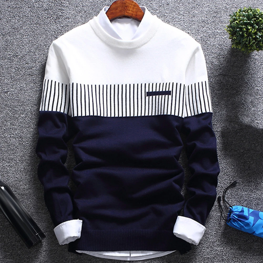 Fashion Men striped Sweater pullover Color Block Patchwork O Neck Long Sleeve Knitted Sweater Top Blouse For Warm Men's Clothing