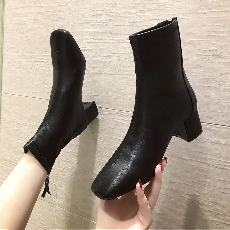 

Solid Black Ankle Boots Autumn Square Mid Heels Female Round Toe PU Leather Boots Ladies Casual Slip on Women Shoes Woman Boots