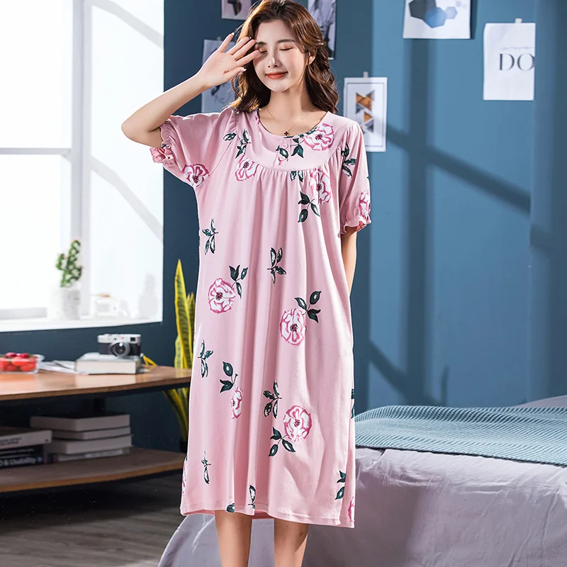 Sexy Night Dress Sleepwear Women Mid-Calf Short Sleeves Floral Night Gecelik Wear Women Round Neck Night Dress Ladies пижама