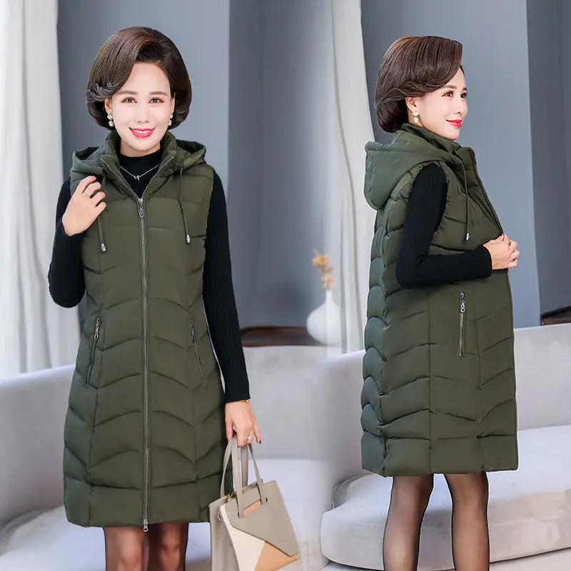 

Down Cotton Vest Jacket for Middle-aged Women, Thick Parka, Hooded Sleeveless, Long Coat, Casual Waistcoat, Plus Size, Winter