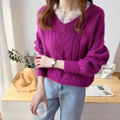 Woman Sweaters Loose Sweater Women\'s Autumn Winter Lace Patchwork Knitting Thick Top Femme Chandails Pull Hiver