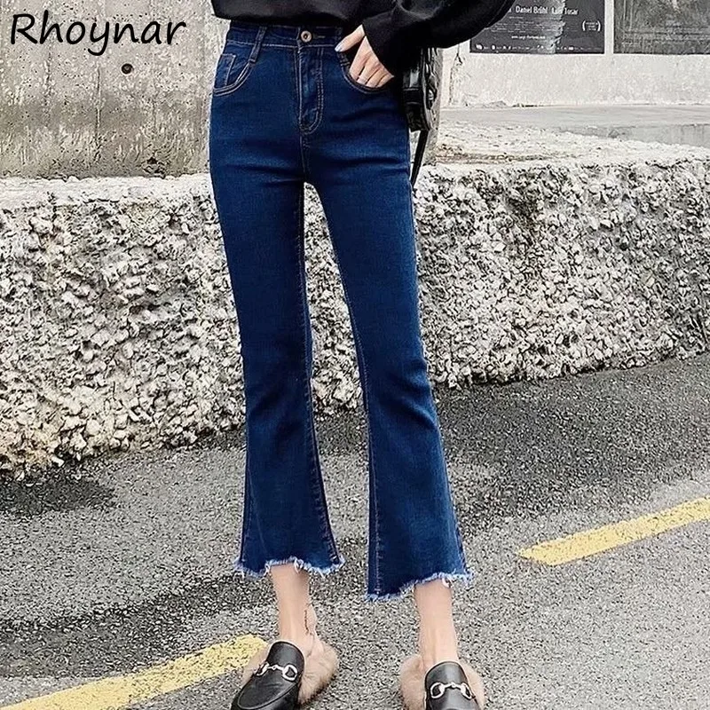 Flare-Jeans Womens Spring Ankle-length Chic Simple Daily Casual High Waist Denim Solid Korean Style Pocket Clothes New All-match