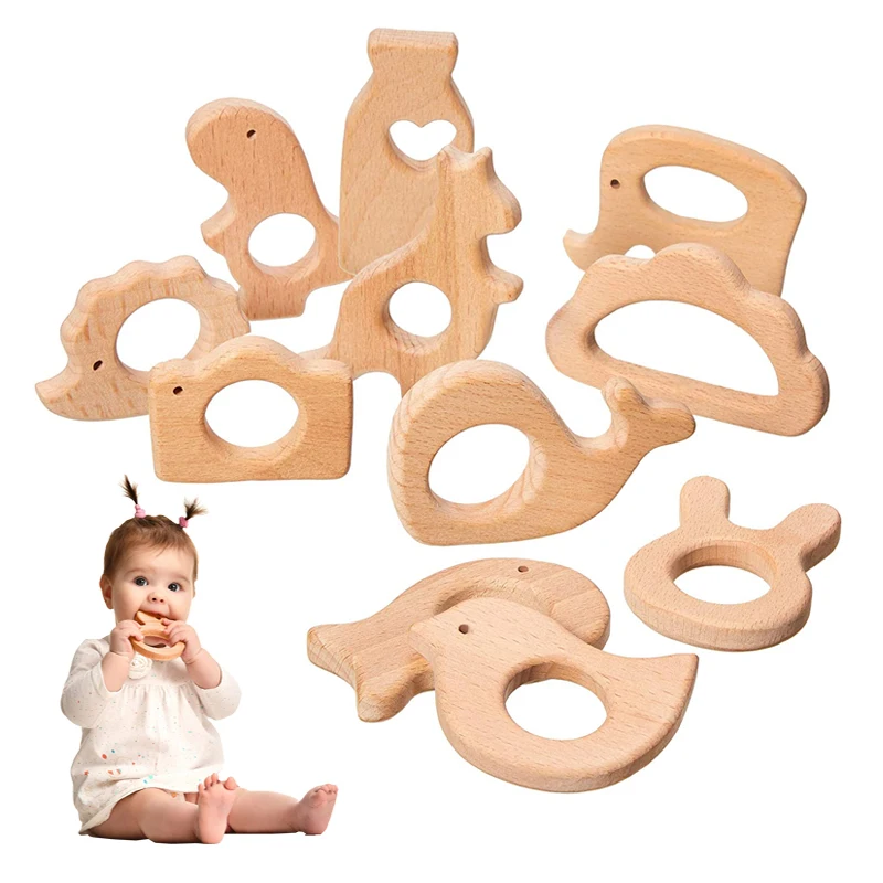 Baby Teething Toys Beech Teether Rattles Cute Horse Penguin Shaped Wood DIY Crafts Infant Bracelet Necklace Jewelry Accessories