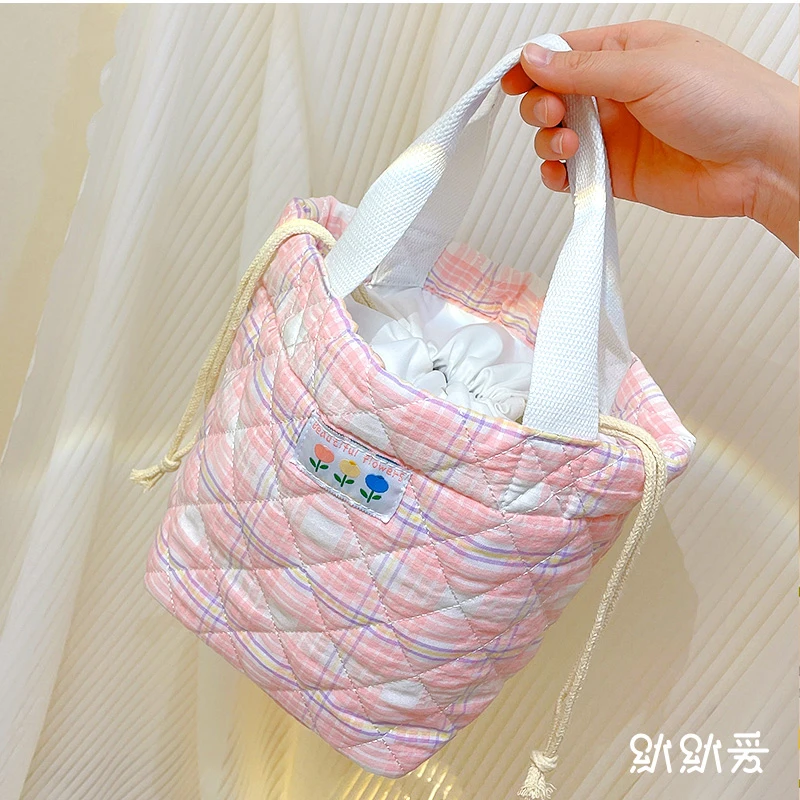 Plaid Lunch Bag Women Thermal Big Capacity Drawstring Lunch Box Tote Food Bags Office Worker Portable Insulated Food Storage Bag