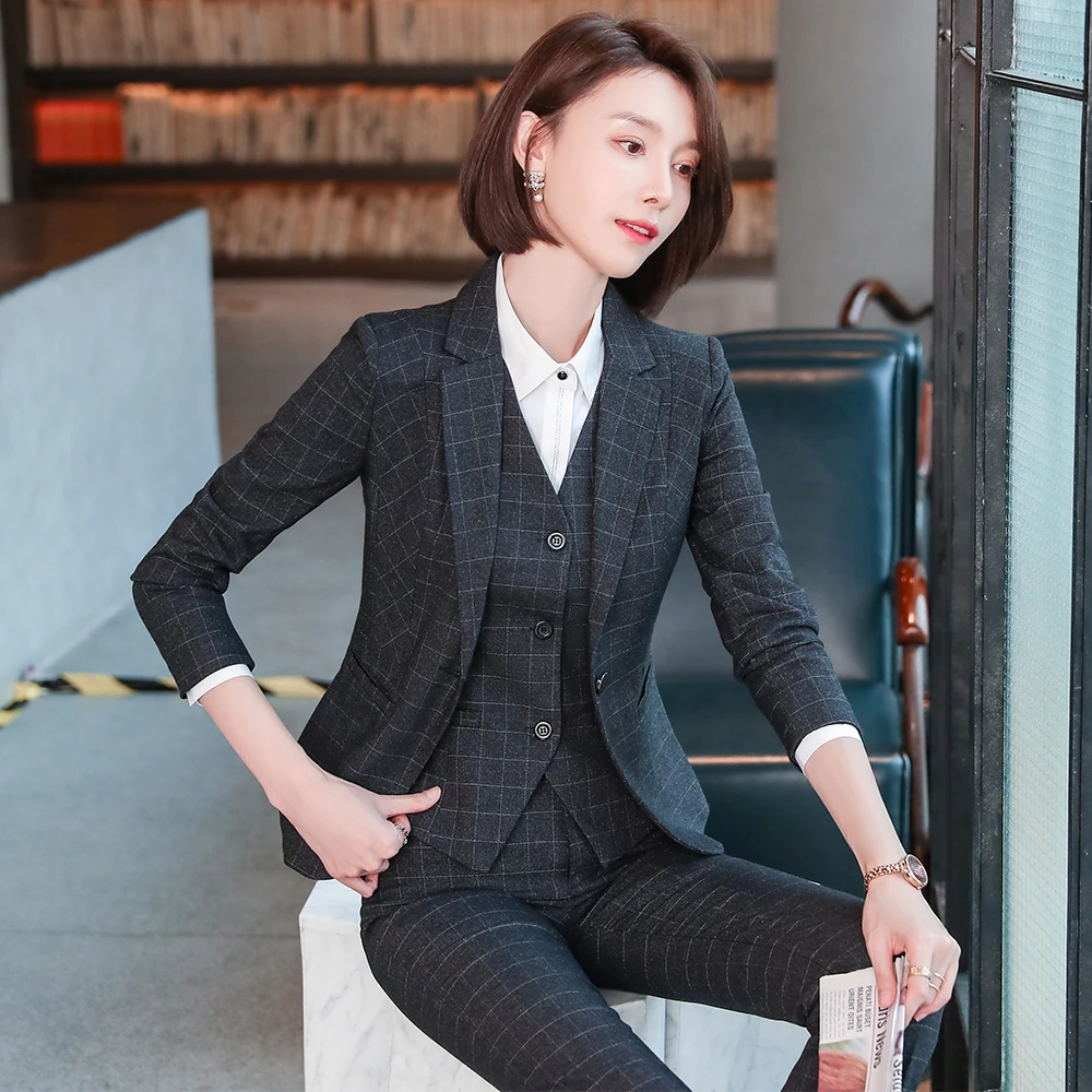 Business Work Career 3 Piece Women Pant Suit Plaid Blazer Vest and Trousers of High Quality Ladies Autumn Winter Formal Set