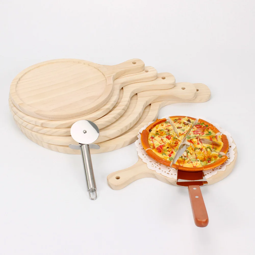 

New Simple Home Wooden Round Pizza Board with Hand Pizza Baking Tray Stone Cutting Board Platter Pizza Stone Cake Bakeware