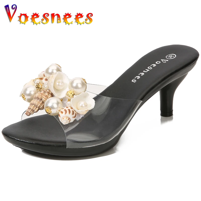 Pearl Shell Decoration Slippers Summer Transparent Sandals Nightclub Thin High Heels Lovly Crystal Party Women Shoes Big Size