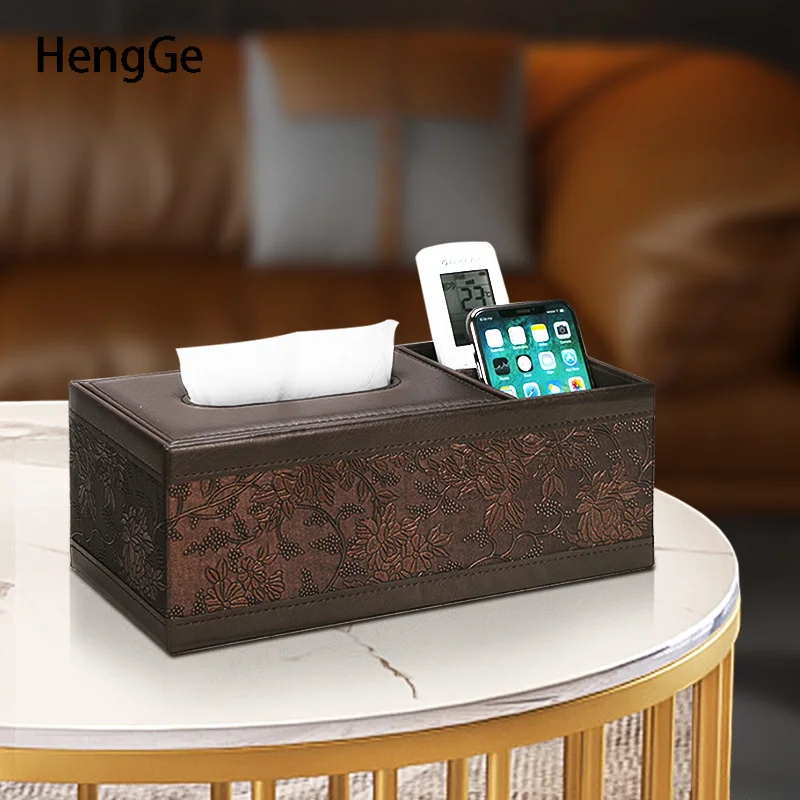 Retro Leather Tissue Box Cover Classical Carved Flower Craft Living Room Desktop Multifunction Storage Napkin Holder Home Decore