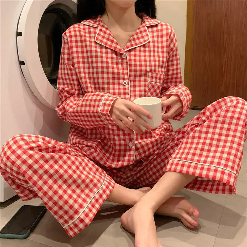 Pajama Sets Plaid Preppy Long Sleeve Soft Lovely Girls Nightwear Kawaii Loose Trendy Daily 2 Piece Sleepwear Korean Style Tender