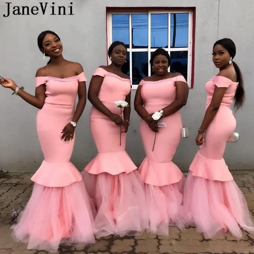 JaneVini Elegant Off Shoulder Bridesmaid Dresses Pink Long Mermaid African Womens Wedding Party Dresses vestido marsala madrinha