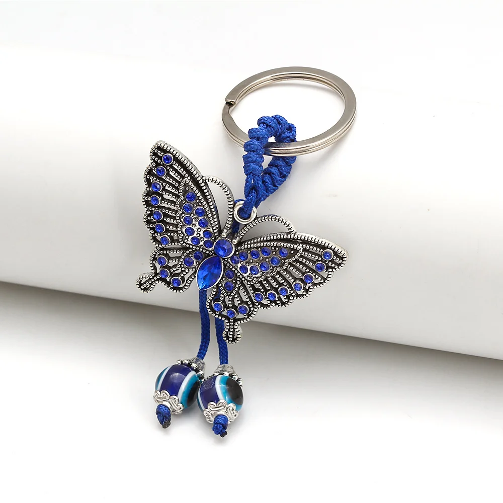 Lucky Eye Alloy Butterfly Pendant Keychain Blue Turkish Evil Eye Bead Tassel Alloy Car key Chain for Women Men Jewelry BE268