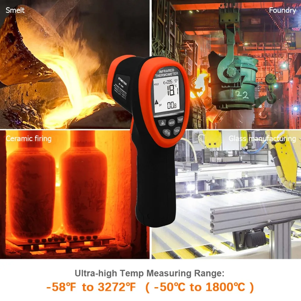 BTMETER BT-1800 Digital Infrared Thermometer 50:1 Non Contact Pyrometer IR Laser High Temperature Testing Gun -58 °F ~ 3272°F