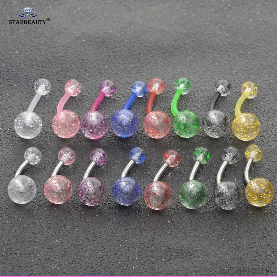 Starbeauty 1.6x10mm 5pcs Clear Acrylic Belly Piercing Belly Ring Flash Powder Navel Piercing Helix Earrings Belly Button Rings